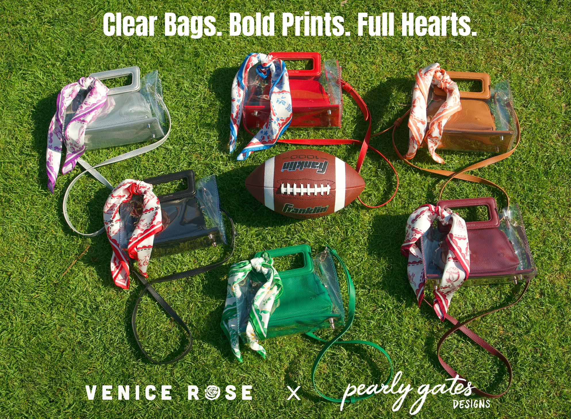 Clear bags with bold prints on a grassy background, featuring Venice Rose and Pearly Gates Designs.